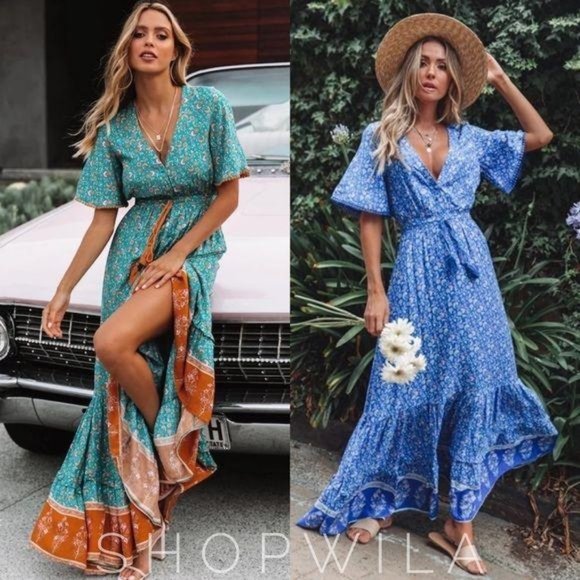 Bohemian Floral Print Long Maxi Dress Blue Gypsy - Picture 7 of 7